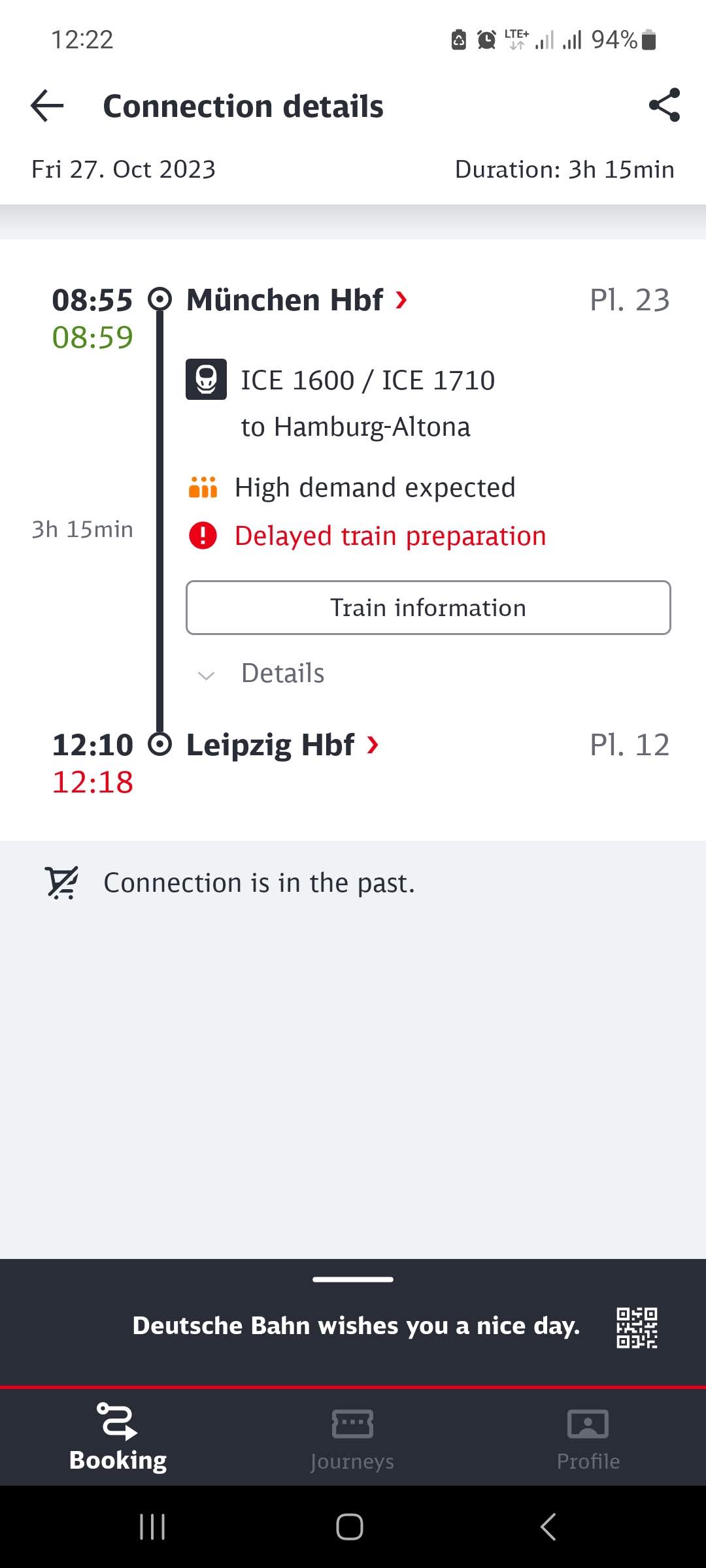 DB App showing the delay for my journey from München to Leipzig